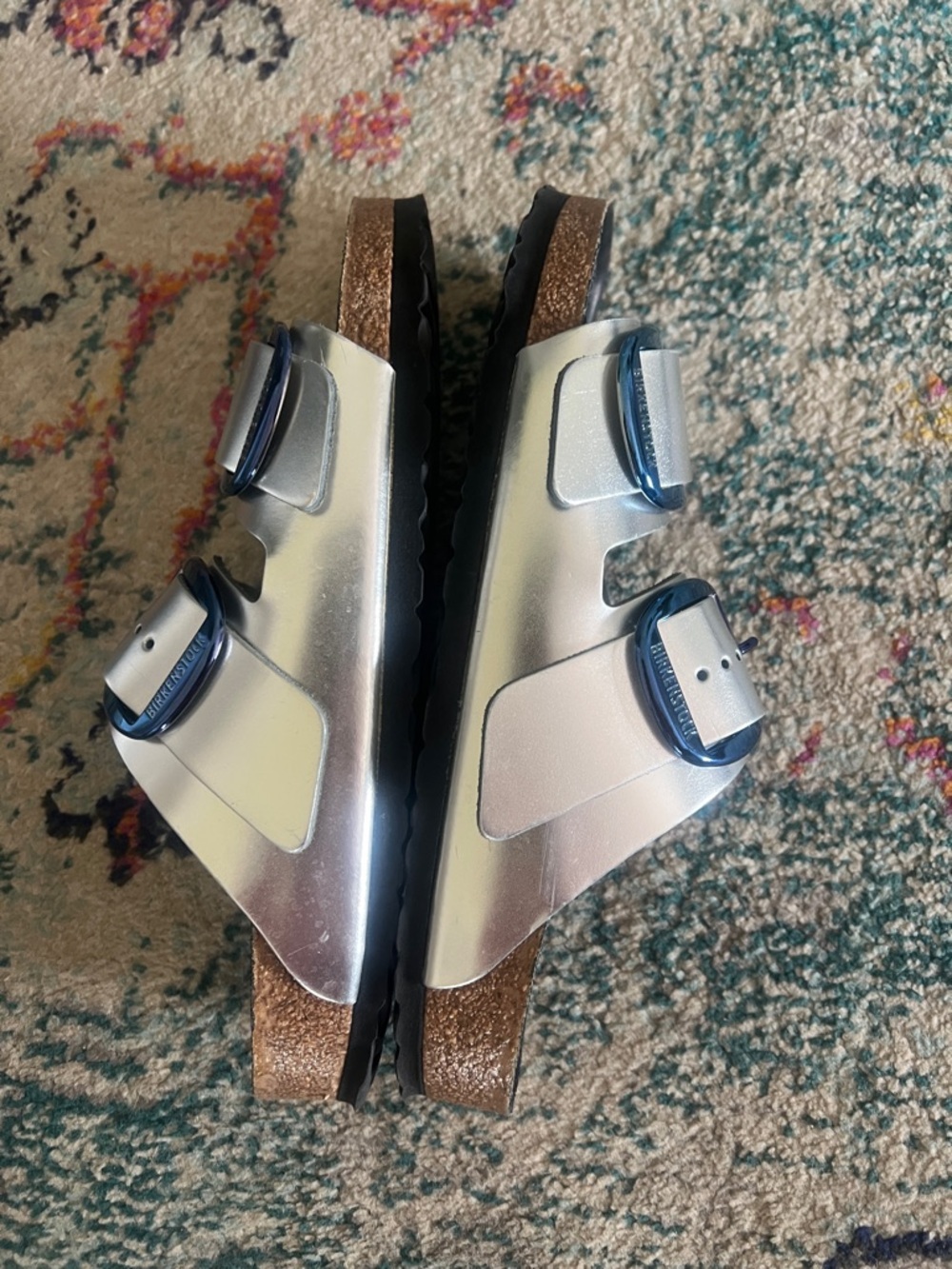 Arizona Big Buckle Lena iridescent purple blue & Silver metallic Leather Sandals - Picture 6 of 8